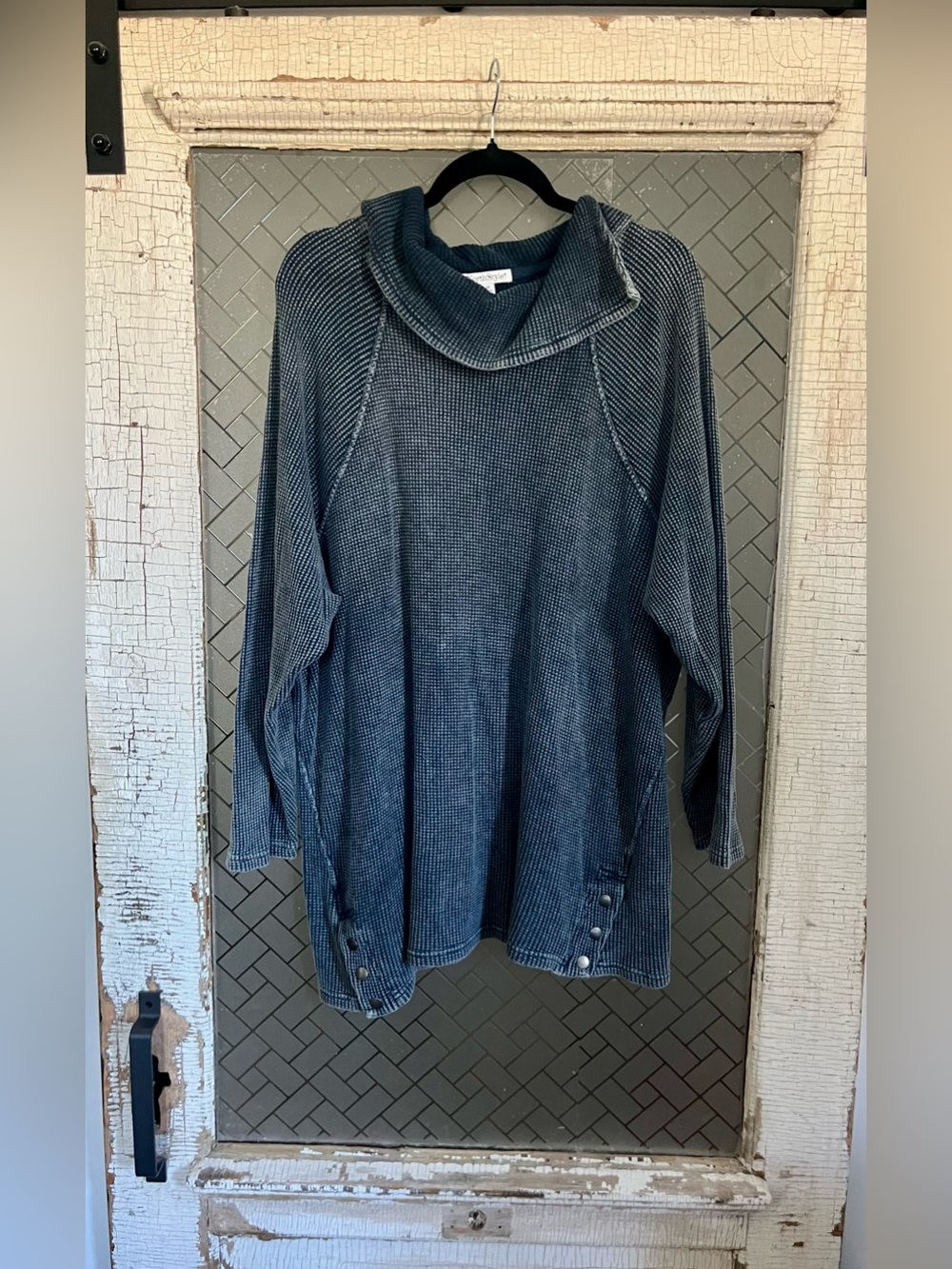 NorthStyle Washed Slate Blue Waffle Cowl Neck Sweater, pure cotton